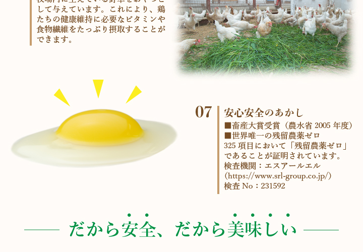 安心安全のあかし。畜産大賞受賞（農水省2005年度）。世界唯一の残留農薬ゼロ。３２５項目において「残留農薬ゼロ」であることが証明されています。検査期間エスアールエル。検査No.231591